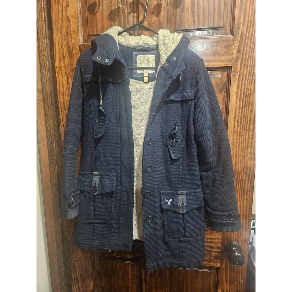 American Eagle Navy Wool Blend Button Up Coat Faux Fur Lined Hooded Small